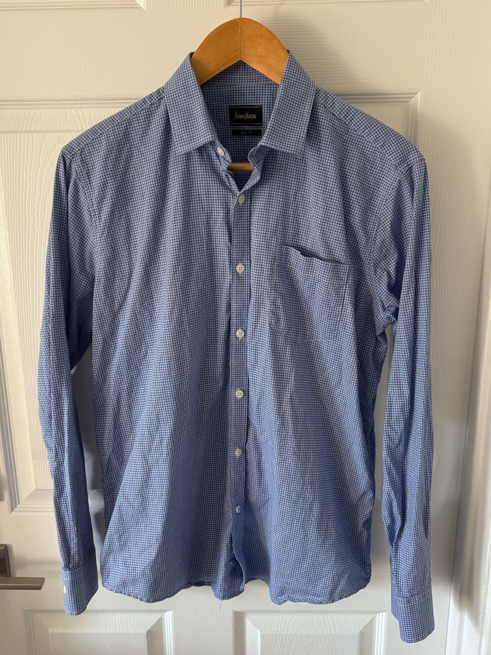 Neiman Marcus Men's Trim Fit Gingham Check Dress Shirt Blue White Size L